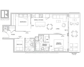A floor plan of a home with a living room, dining area, two bedrooms, a bathroom, and a den/flex space.