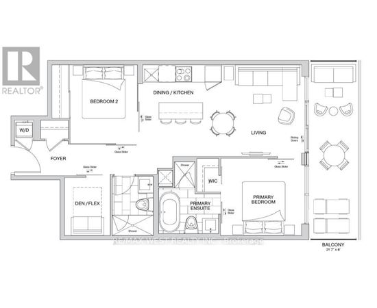 A floor plan of a home with a living room, dining area, two bedrooms, a bathroom, and a den/flex space.