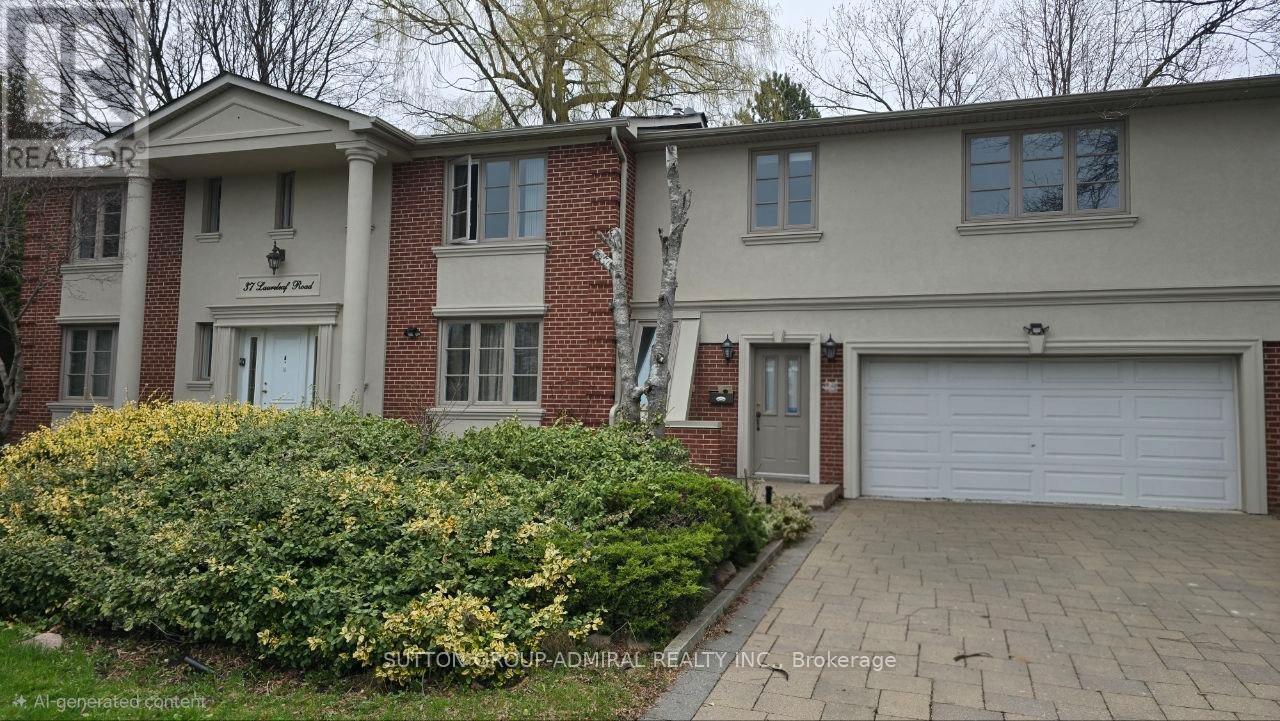 A two-story house with a white garage door.