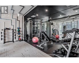 A well-equipped gym with various exercise machines and free weights.