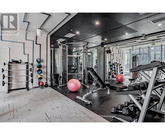 A well-equipped gym with various exercise machines and free weights.
