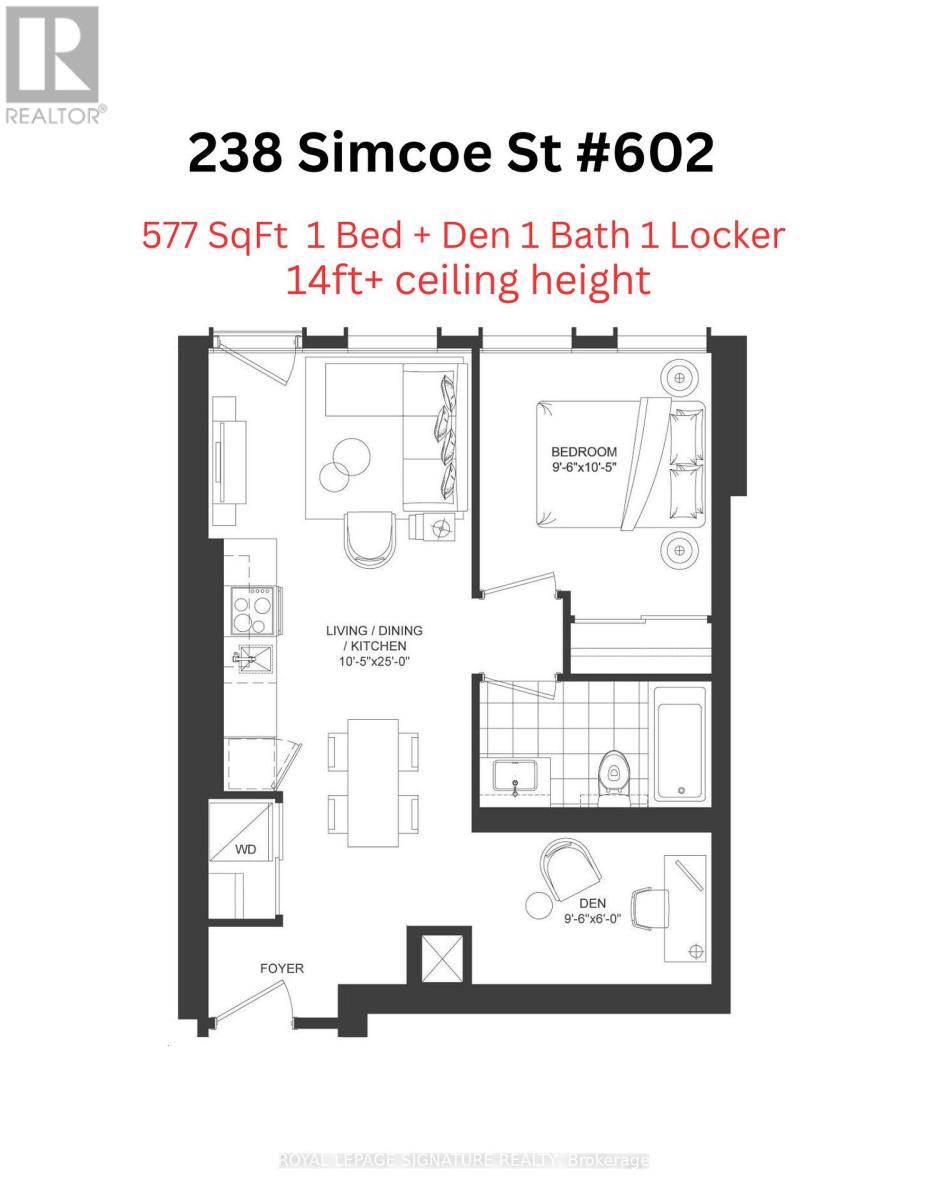 A floor plan for a 1 bedroom apartment at 238 Simcoe St #602.