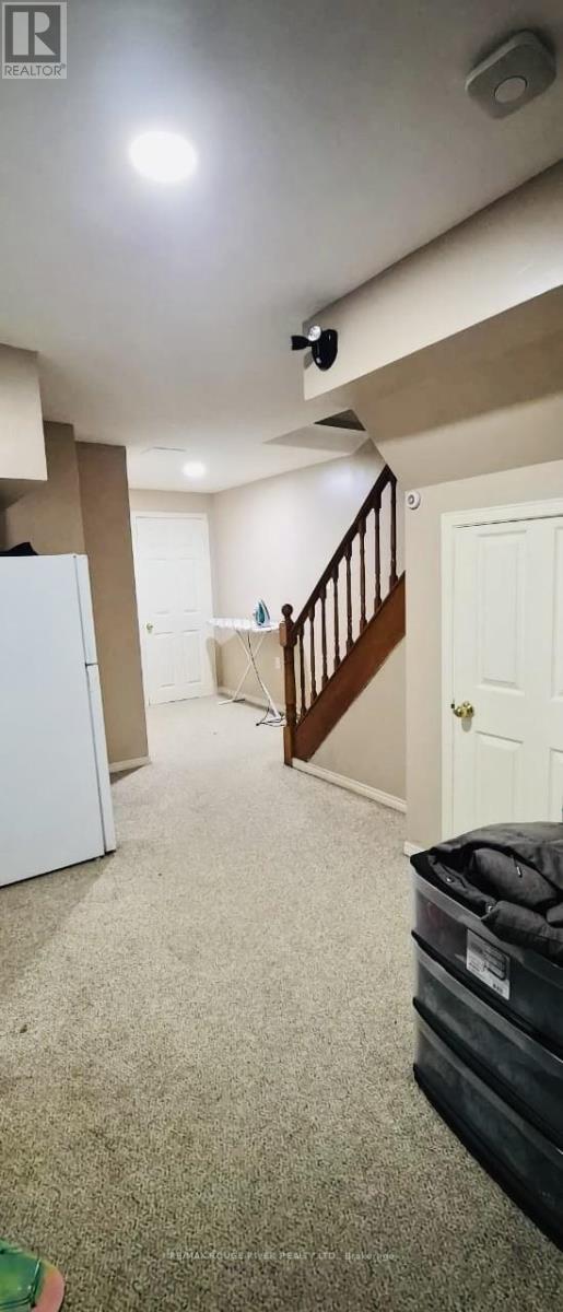 A room with a white refrigerator and a black trash bin.