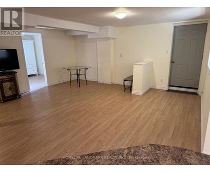 A living room with a wooden floor and a grey door.