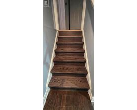 A set of wooden stairs with white trim.