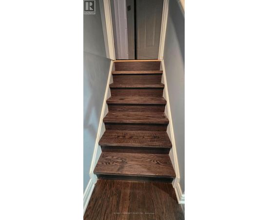 A set of wooden stairs with white trim.