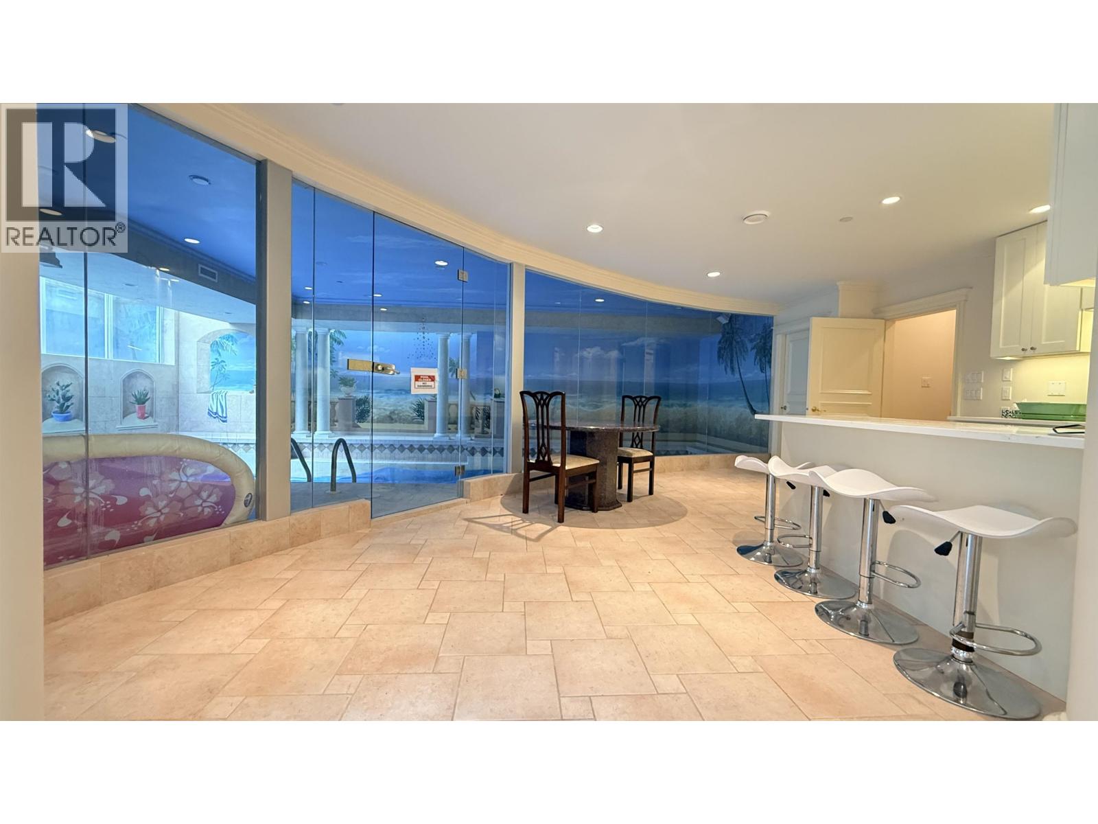 A realtor's office with a bar area.