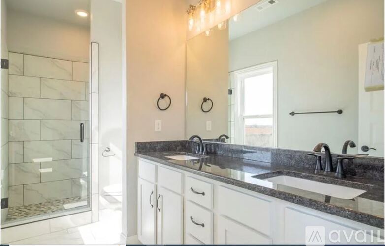A bathroom with a marble countertop and a walk-in shower.