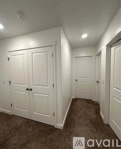 A hallway with white doors and carpeted floor.