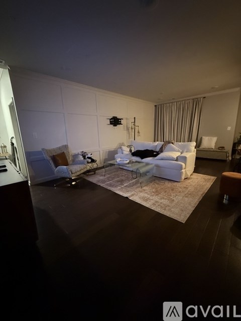 A living room with a white couch and a rug.