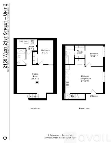 Floor plan for a two bedroom, two bathroom apartment.