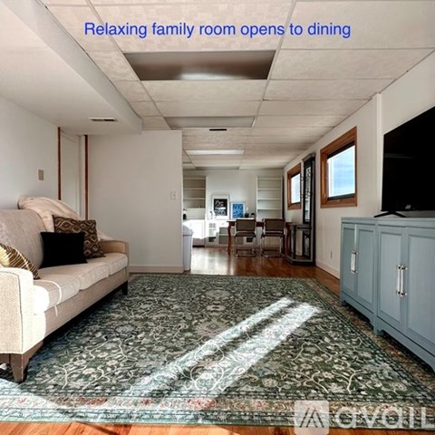 A living room with a couch and a rug with a pattern.