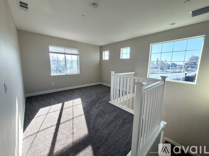 A spacious room with a carpeted floor, two windows, and a view of the outside.