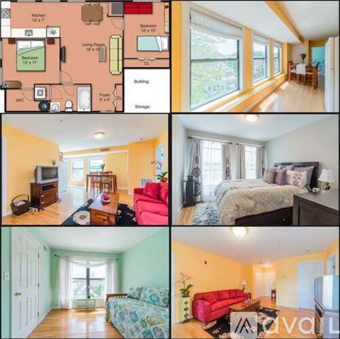 A floor plan and interior photos of a one bedroom apartment.