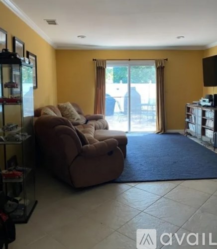 A living room with a brown couch and a blue rug.