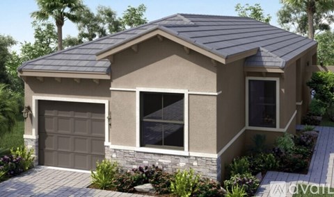 A house with a grey roof and a garage door.