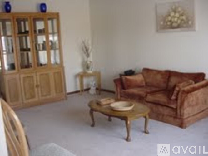 A living room with a brown couch, a wooden cabinet, and a coffee table.