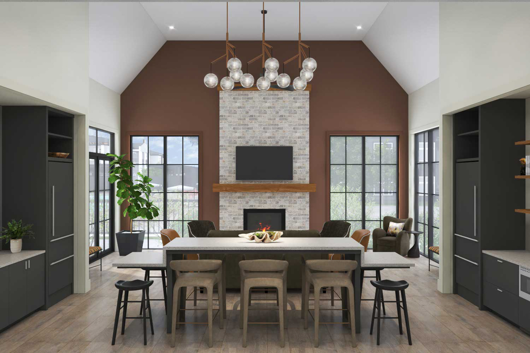 A modern dining room with a large table and chairs.
