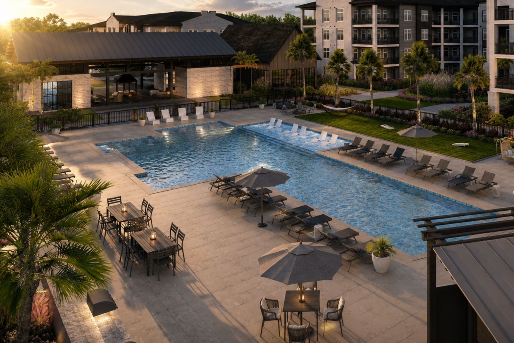 Resort-Style Pool with Lounge Chairs and Hammocks | Brooking Square Apartments, Cainhoy Peninsula