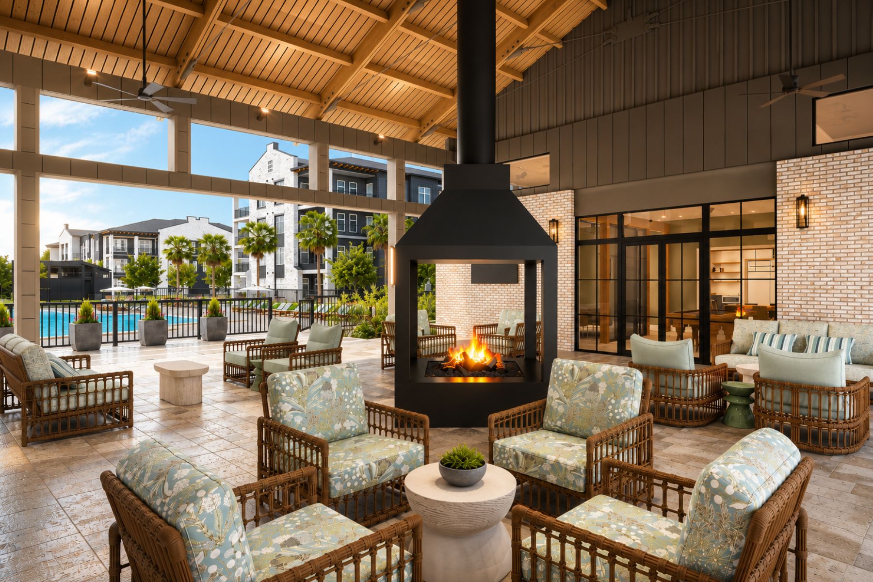 A large room with a fireplace and chairs.