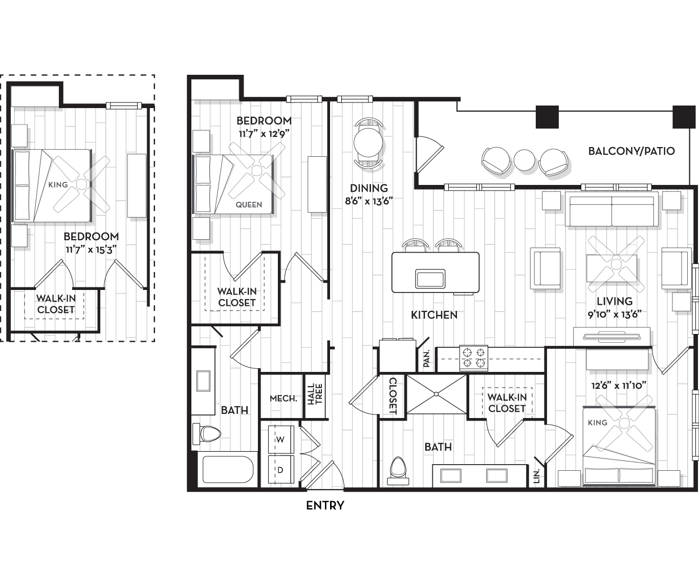 Brooking Square Apartments and Townhomes - Charleston, NC - The Seabrook Floor Plan 1326-1342 Sq Ft