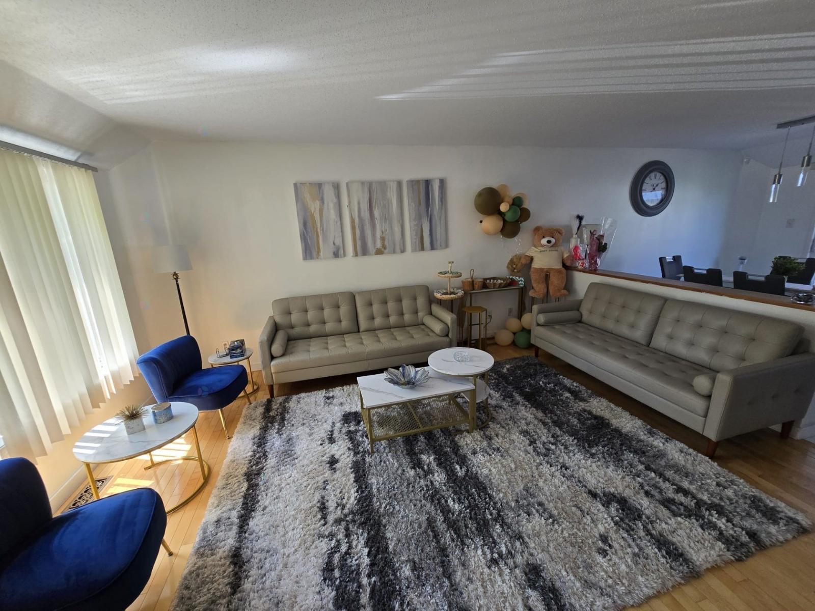 A living room with a grey rug and a grey couch.