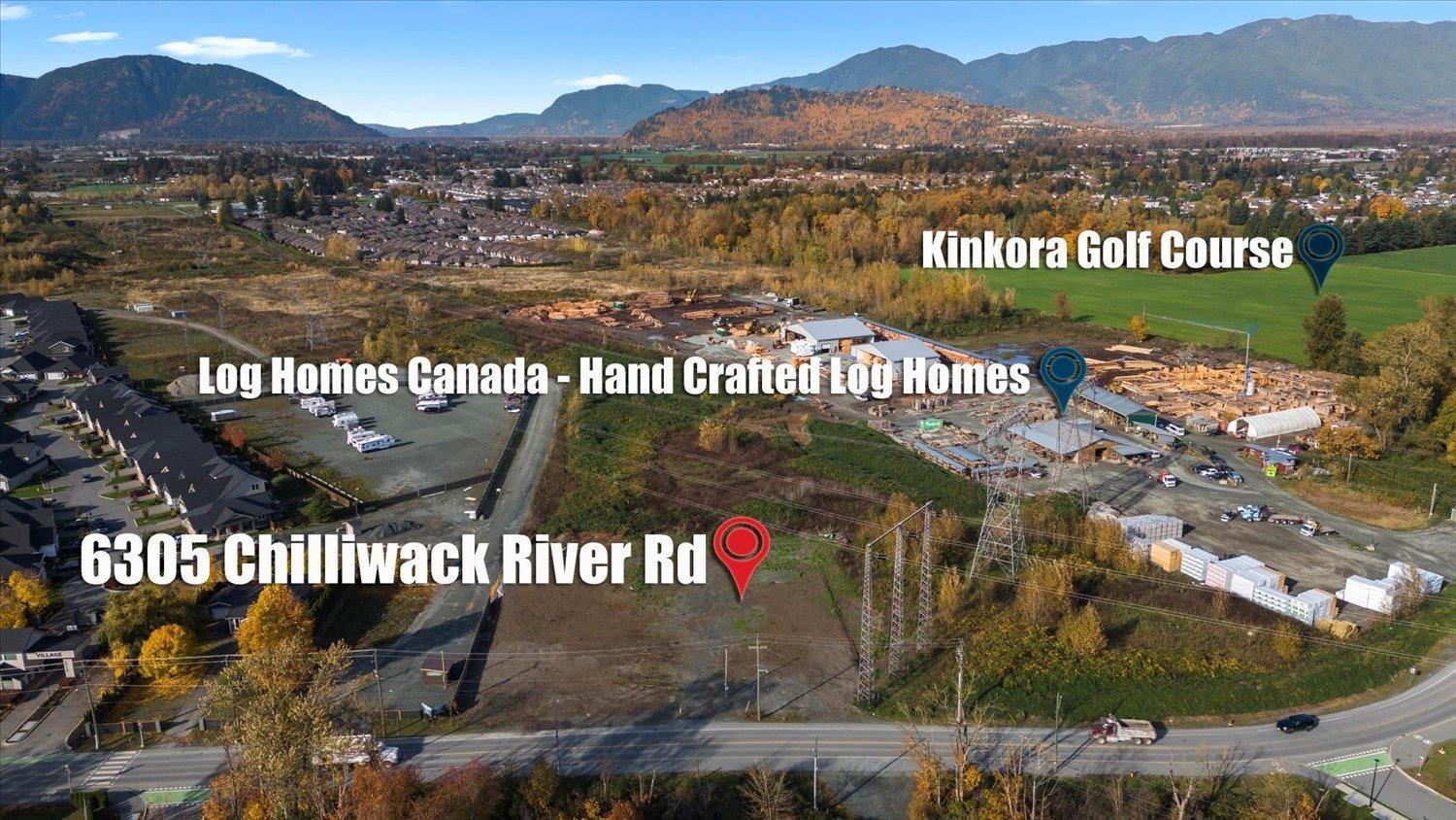 An aerial view of a location with a red marker indicating the address 6305 Chilliwack River Rd.