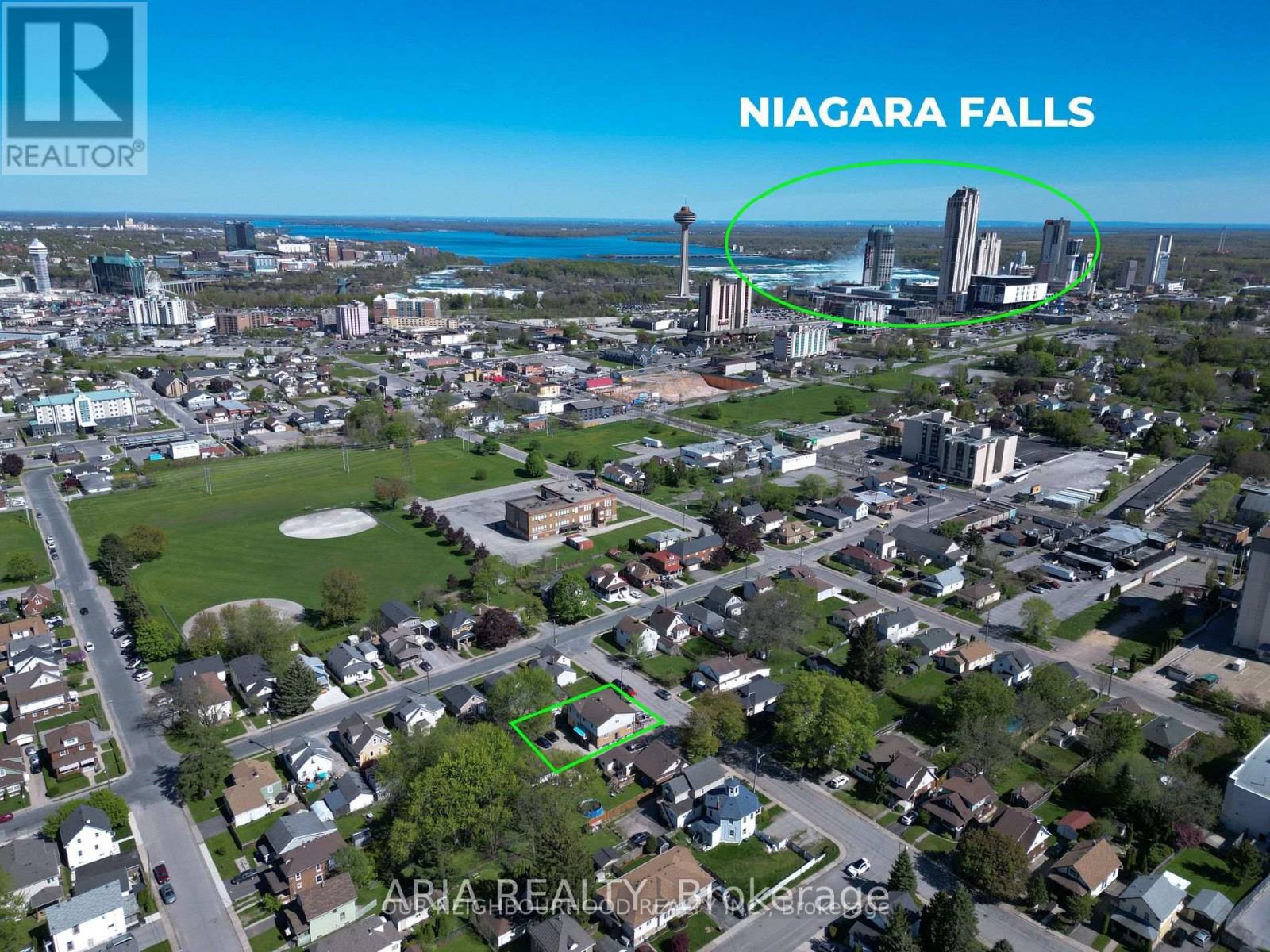 An aerial view of a residential area with the text "NIAGARA FALLS" and "ARIA REALTY PROPERTY" overlaid on the image.