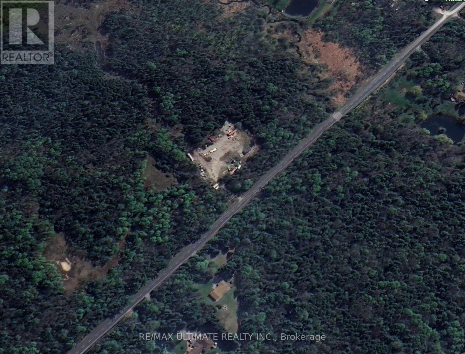 A RE/MAX Ultimate Realty Inc. brokerage logo is in the upper left corner of an aerial image of a wooded area with a road running through it.