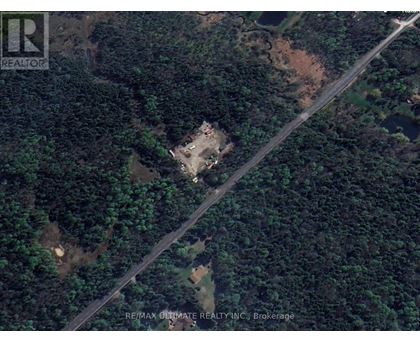 A RE/MAX Ultimate Realty Inc. brokerage logo is in the upper left corner of an aerial image of a wooded area with a road running through it.