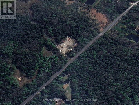 A RE/MAX Ultimate Realty Inc. brokerage logo is in the upper left corner of an aerial image of a wooded area with a road running through it.