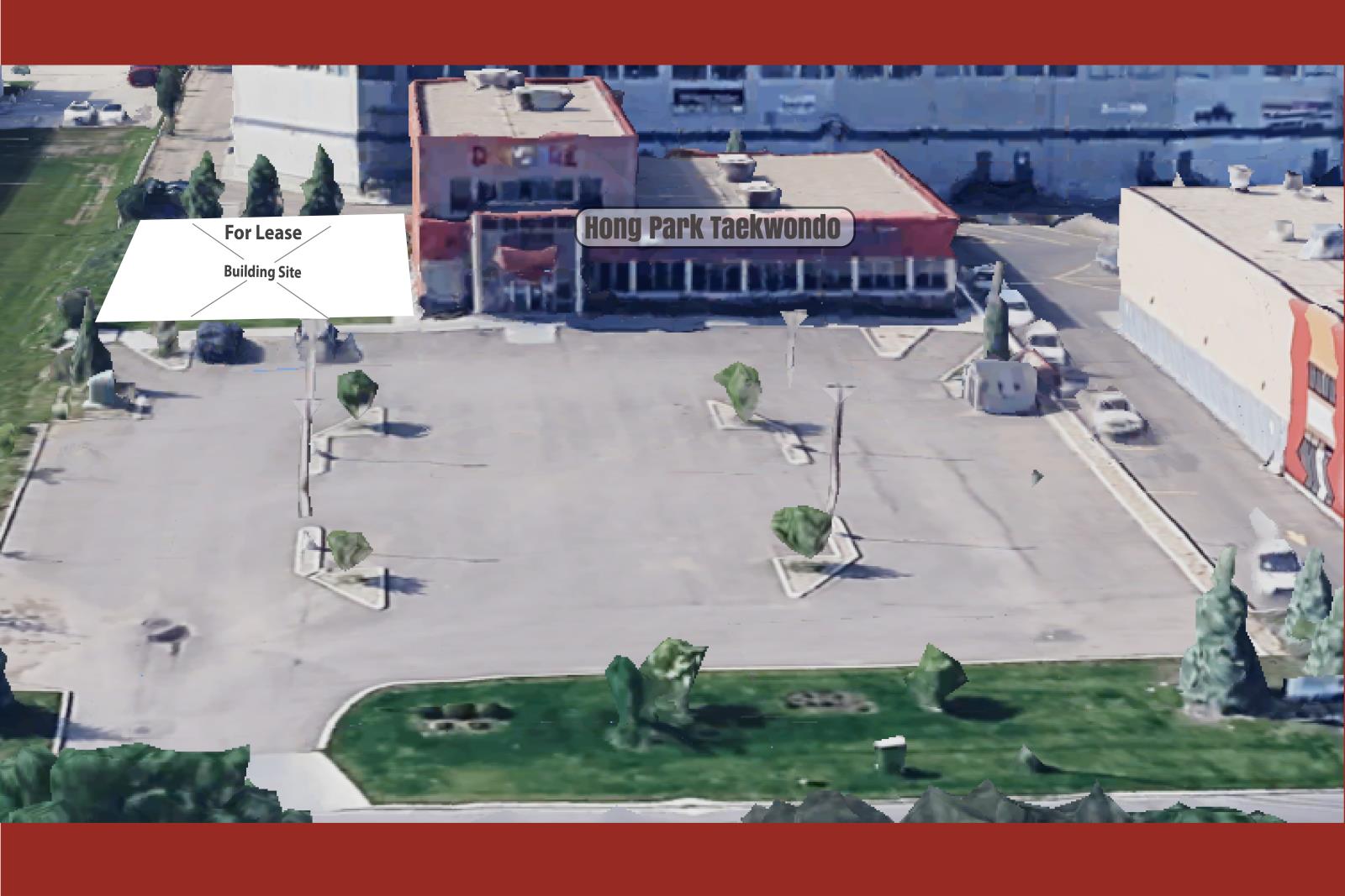 A building with a red roof and a sign that says "Hong Park Taekwondo" is surrounded by a parking lot.