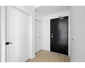 A black door is in a white room.