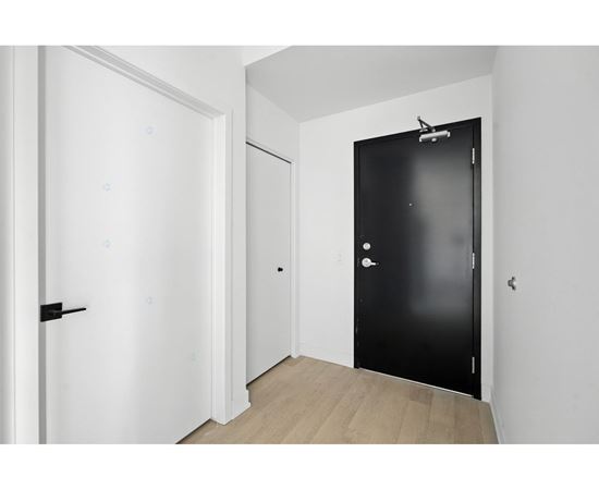 A black door is in a white room.