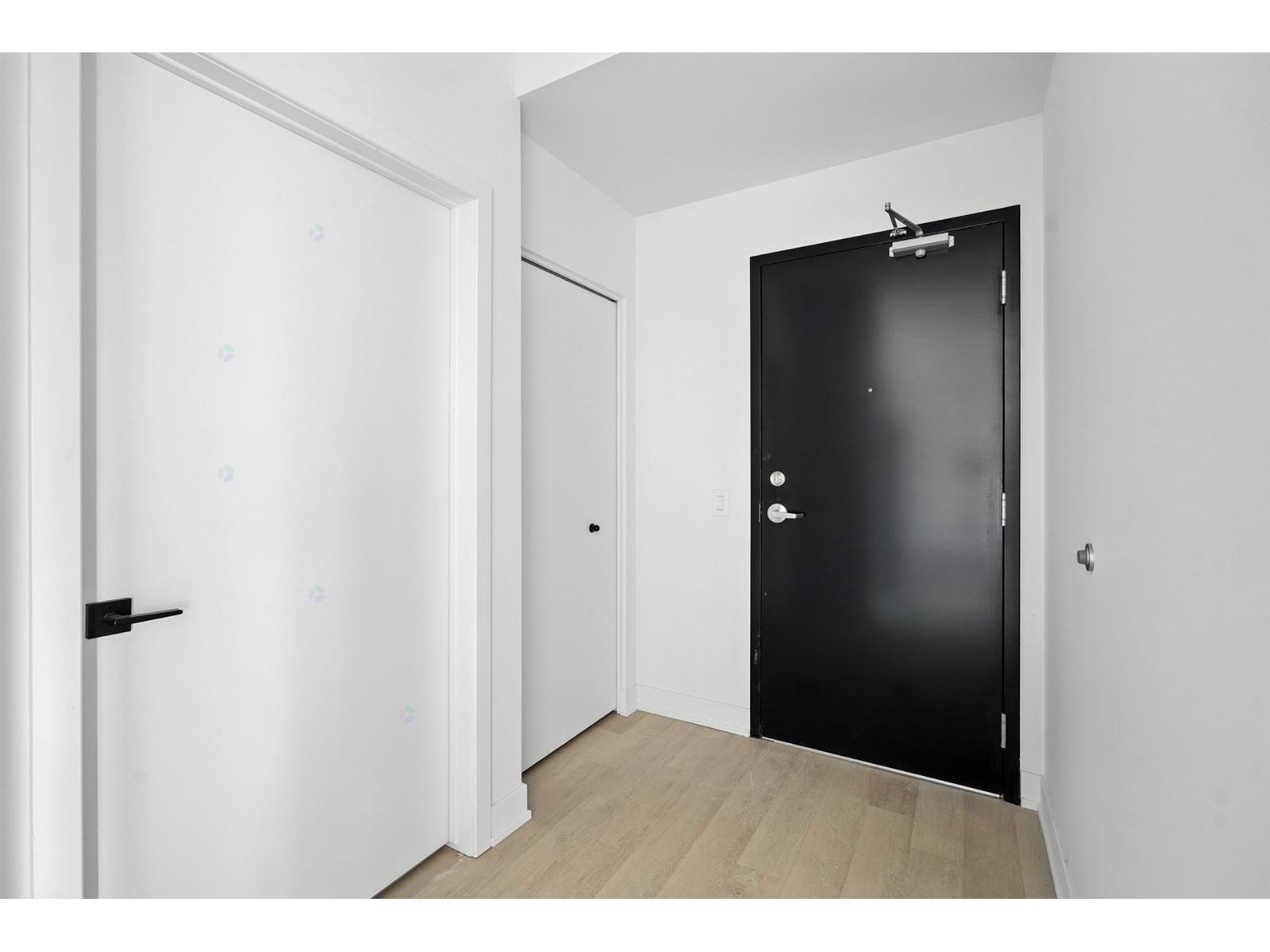 A black door is in a white room.