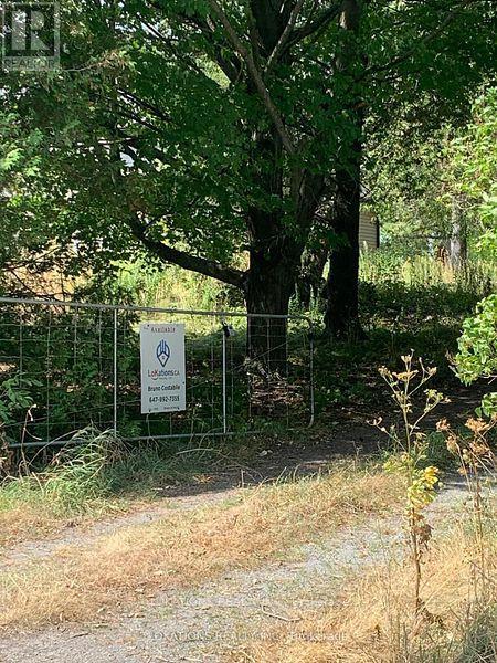 A sign in front of a tree in a field.