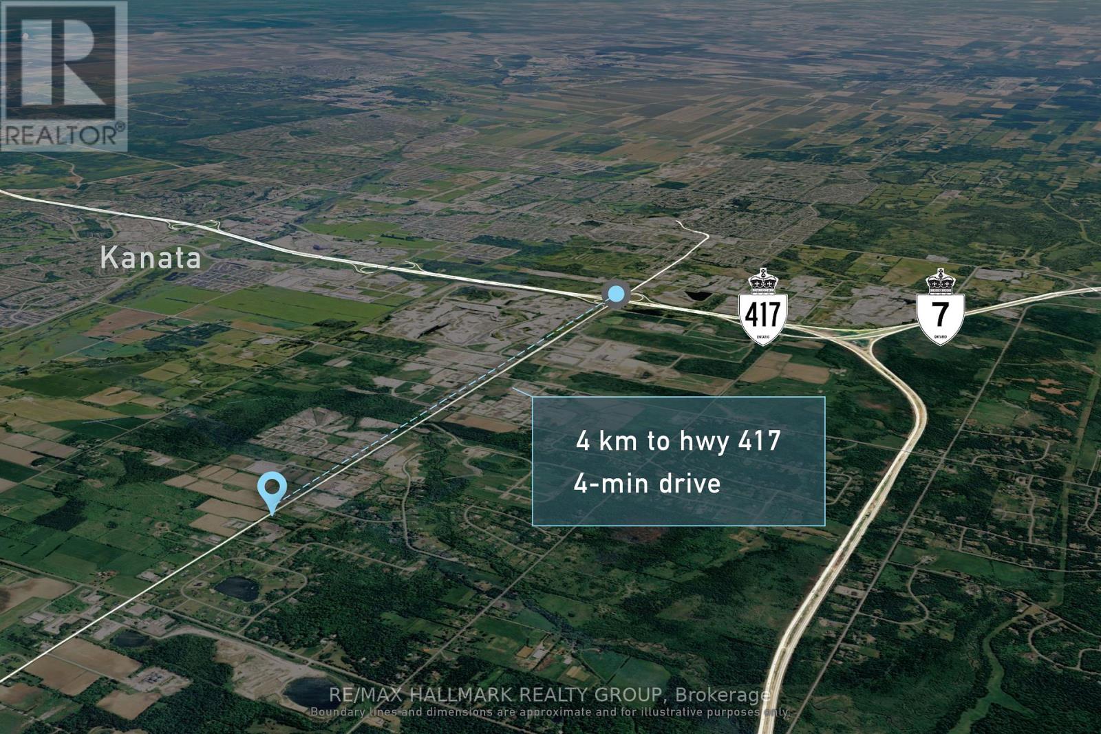 A map shows a blue marker indicating a location 4 km to highway 417 with a 4-minute drive time.