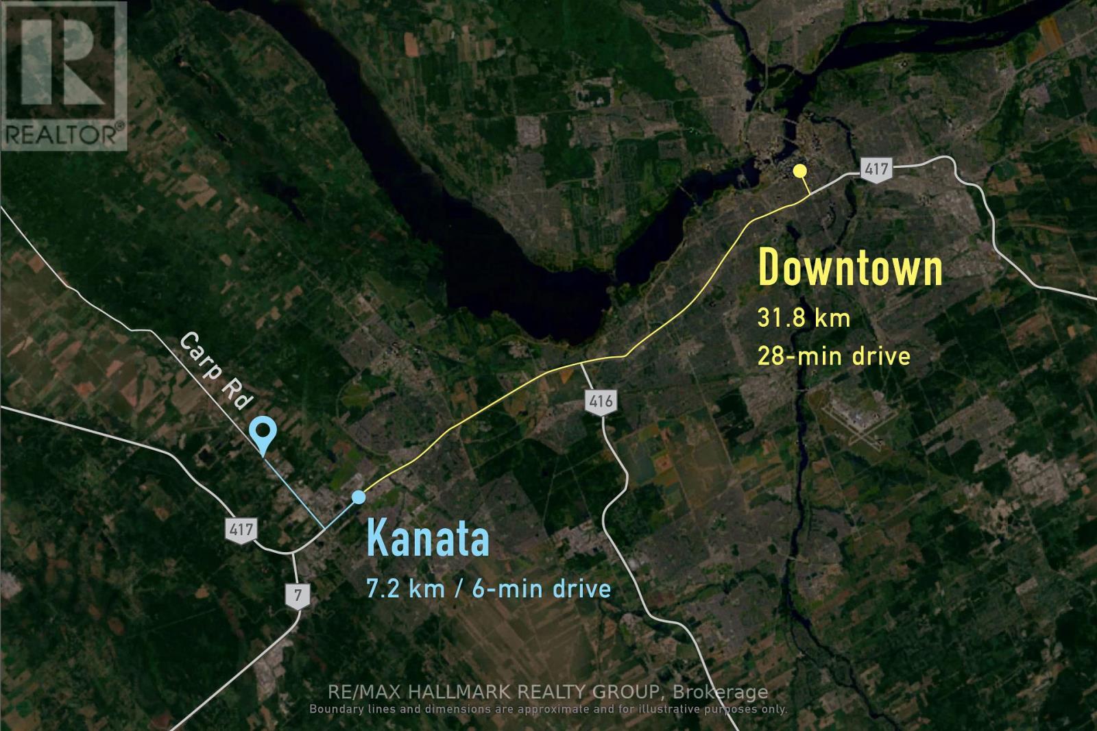 A map shows the distance and driving time between Kanata and Downtown.