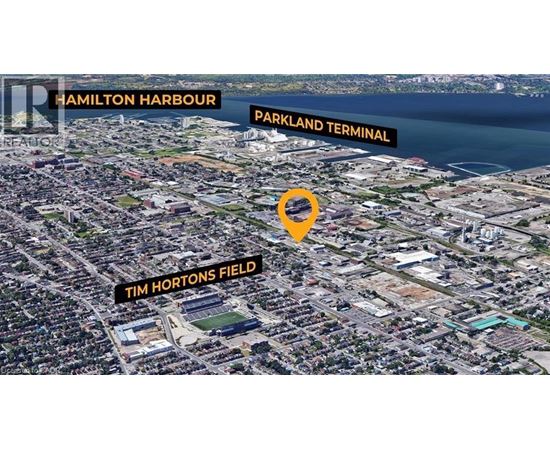 An aerial view of a city with Hamilton Harbour and Parkland Terminal labeled.