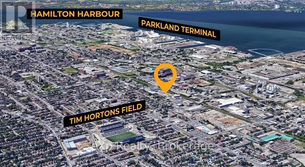 An aerial view of a city with Hamilton Harbour and Parkland Terminal labeled.