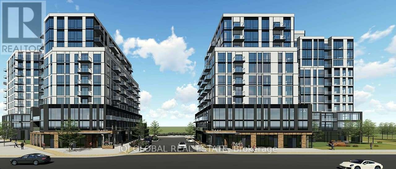 Two modern buildings with glass windows and balconies are depicted in the image.