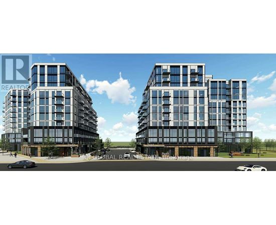 Two modern buildings with glass windows and balconies are depicted in the image.