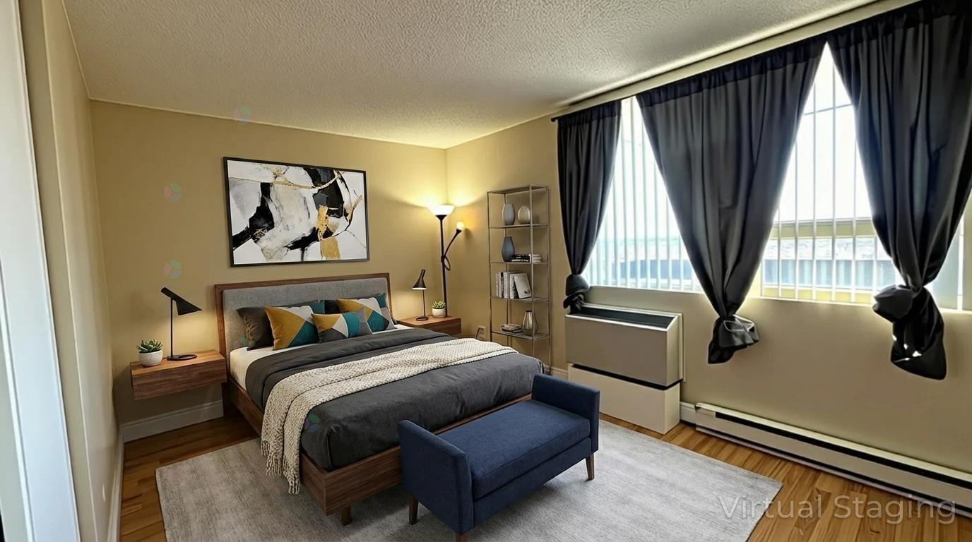 A bedroom with a large bed and a window with curtains.