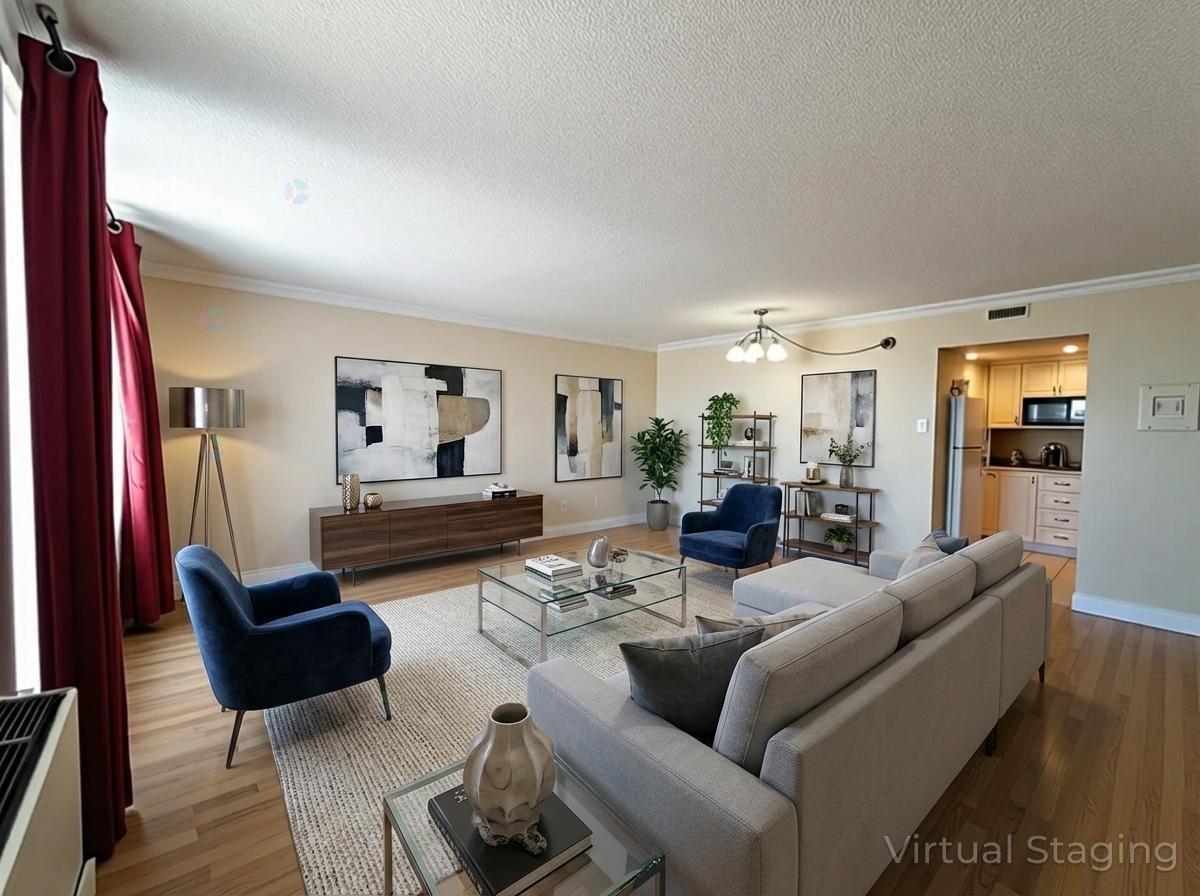 A living room with a blue armchair, a grey sofa, and a glass coffee table.