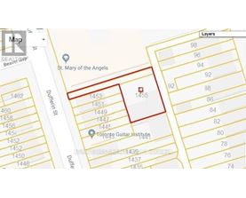 A map shows a red outlined area with a red square in the middle, surrounded by street names and numbers.