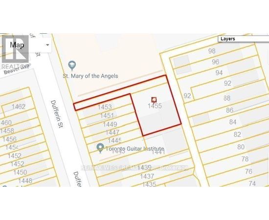 A map shows a red outlined area with a red square in the middle, surrounded by street names and numbers.