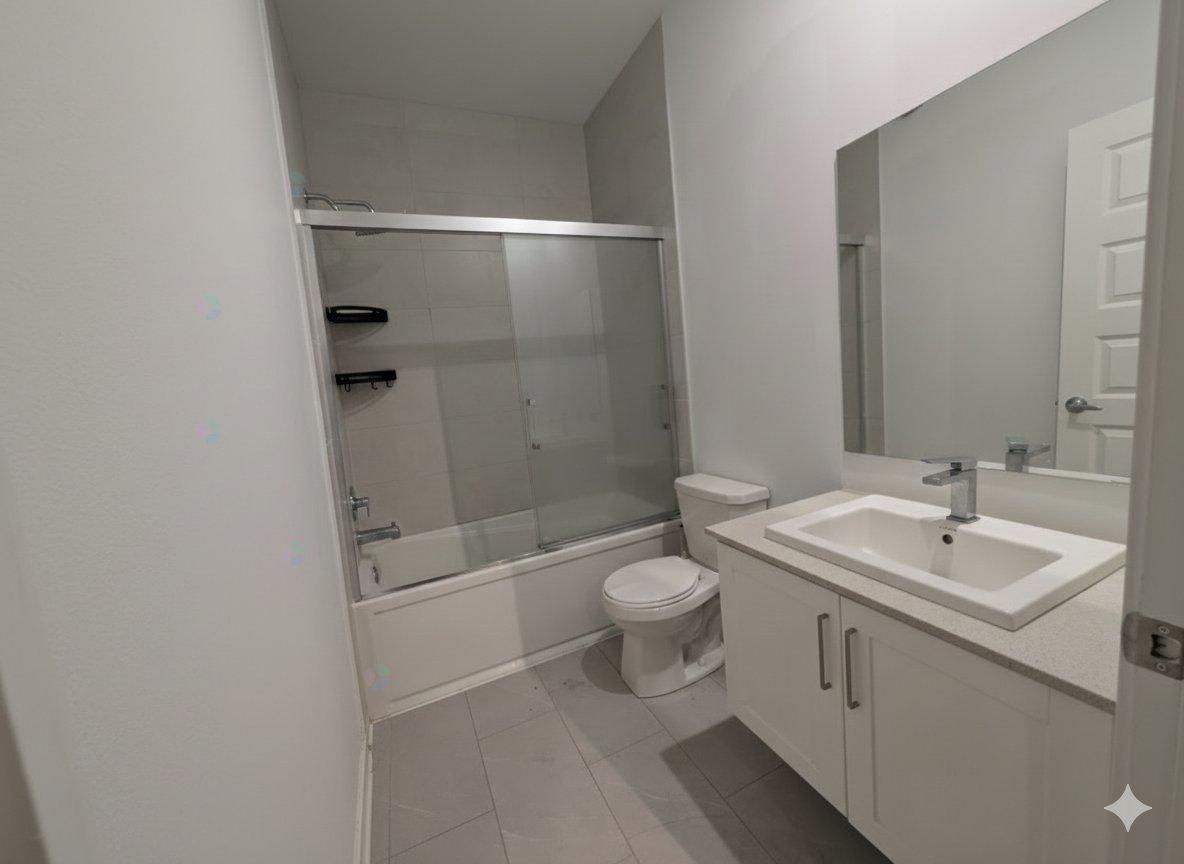 A white bathroom with a toilet, sink, and shower.