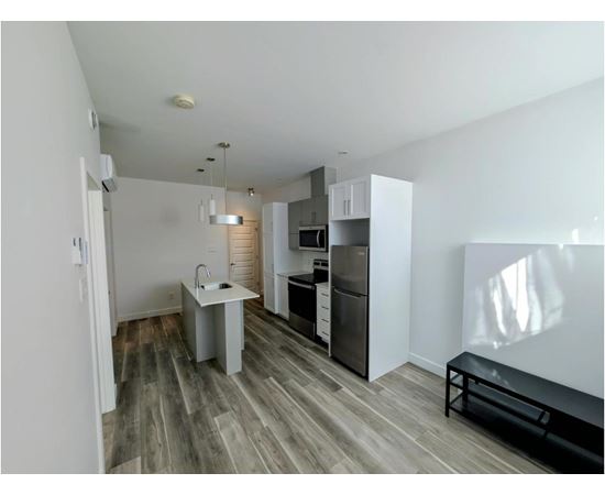 A kitchen with a sink and a refrigerator.