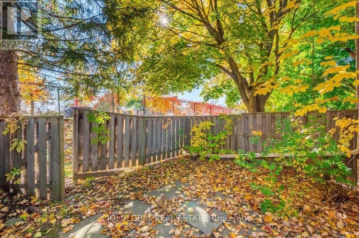 A backyard with a wooden fence and trees with yellow leaves.