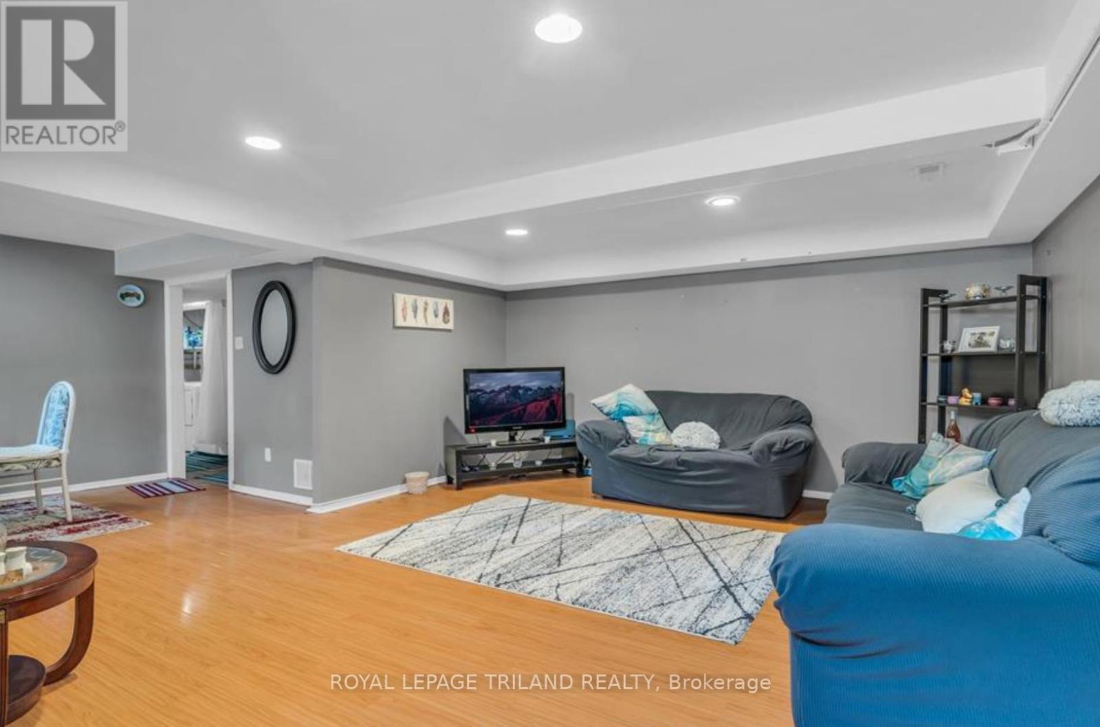 A living room with a television, couch, and rug.